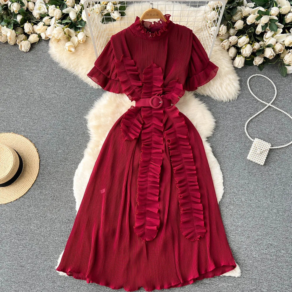 Wholesale Summer 8 Colors Woman Clothing Ladies Elegant Pleated Short Sleeve Midi Dress With Belt