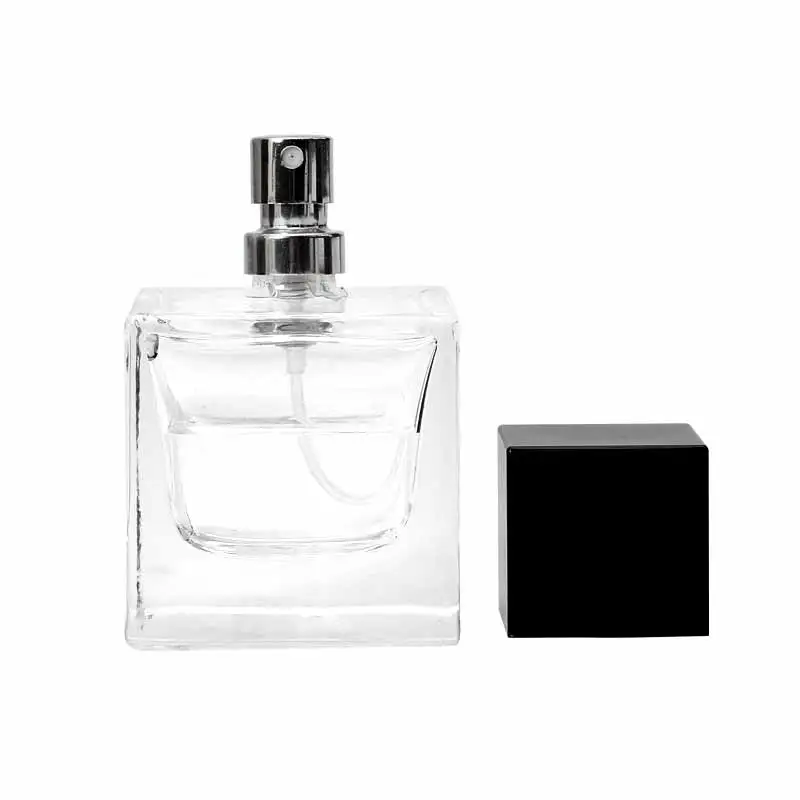China Supplier Square Spray Perfume Glass Bottle 50Ml Fragrance Glass Bottle With Black Cap