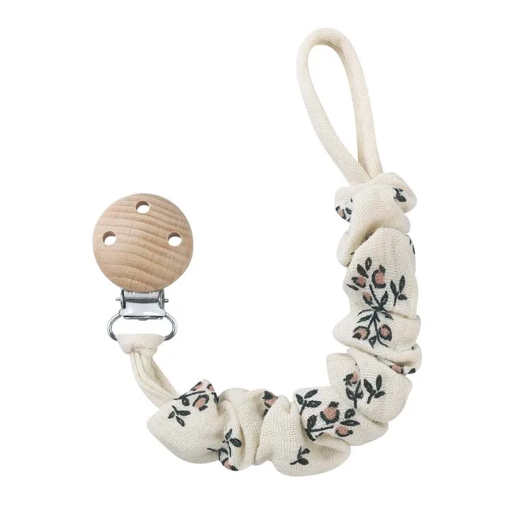 Factory Price Hot Sale Cotton Baby  Pacifier Chain Dummy Holder Wood Teething Beads