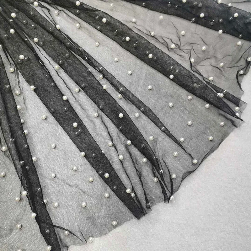 Poly Mesh with Pearl Fabric Embroidery Customized Design Lace Beads 100% Polyester Embroidered Eco-friendly Support