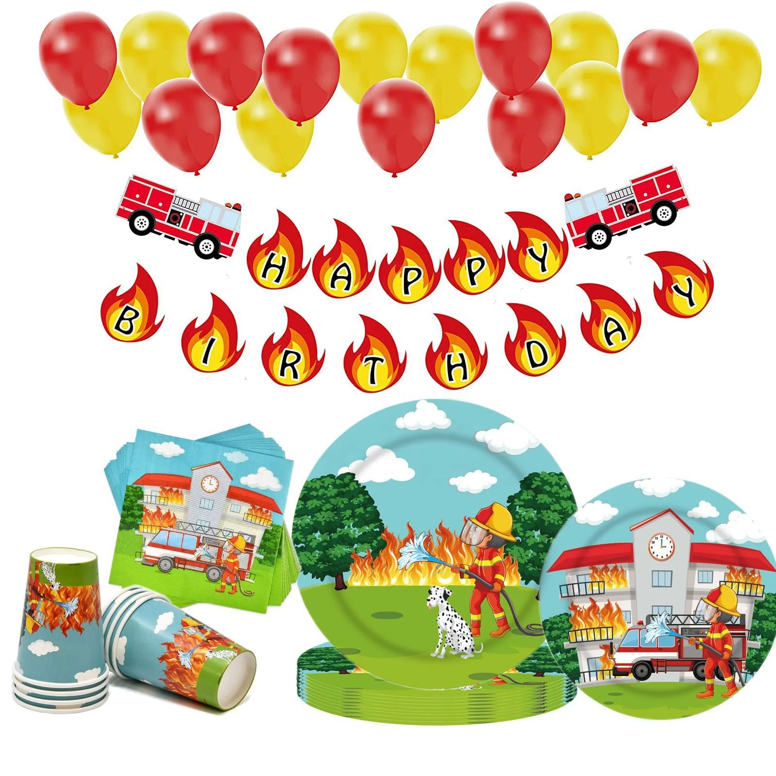 Fire truck theme Disposable party supplies kits fire control Kids Birthday decoration for 10 guests