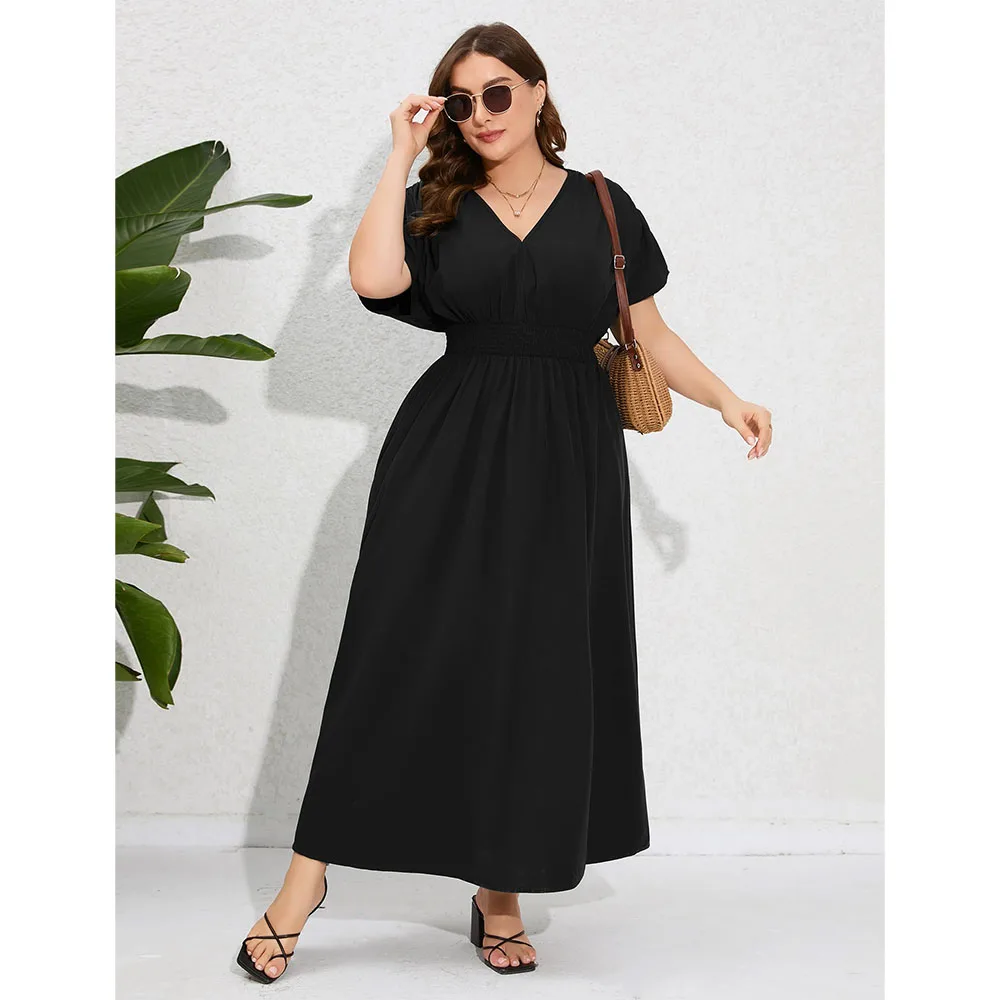 Plus Size V Neck Maxi Dress Short Sleeve Pleated High Waisted Split Casual Evening Party Summer Dress