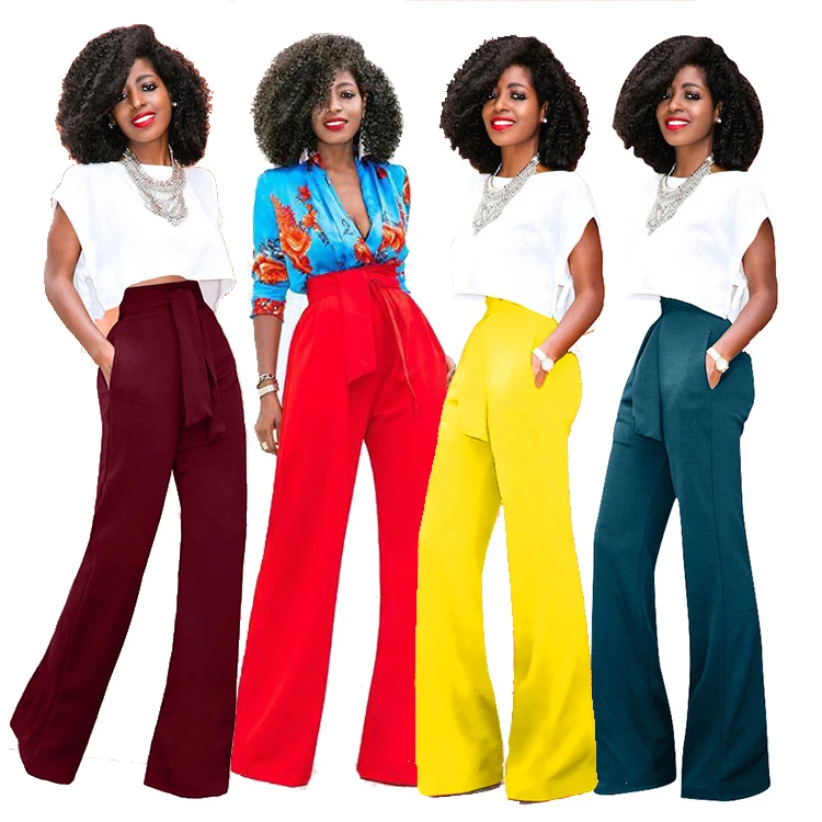 wholesale casual  basic pure color wide leg pants women with bandage