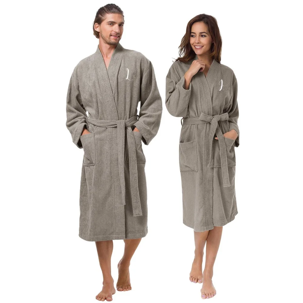 Men Women Grey 100% Cotton Terry Cloth Hilton Hotel Bathrobe Spa Unisex Solid Bath Robe