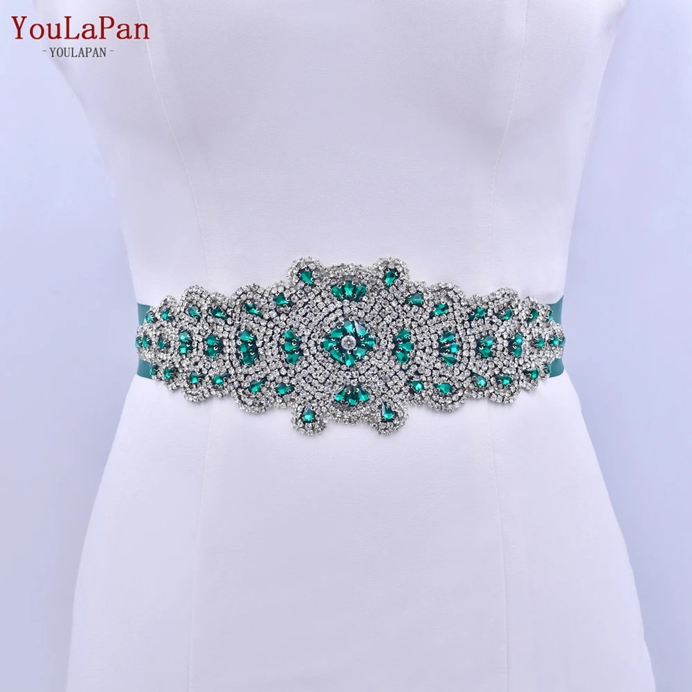 YouLaPan S88 High-End Women Jewelry Sash Handmade Emerald Rhinestone Applique Waist Decoration Evening Wedding Dress Wide Belt