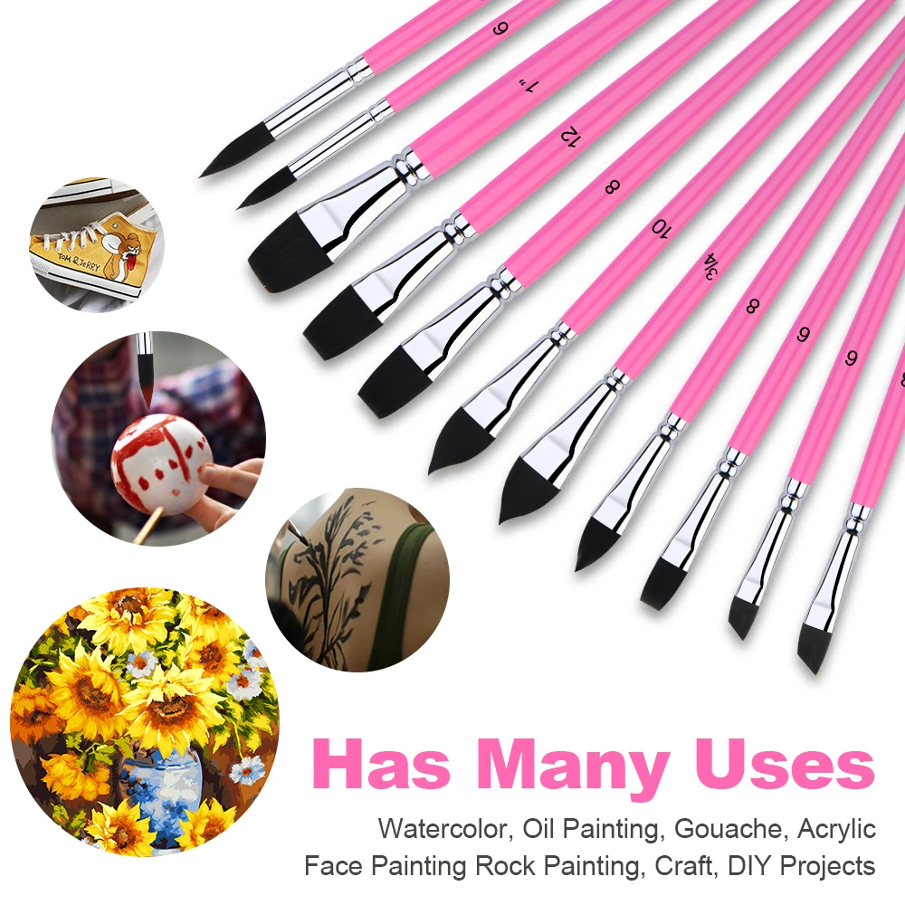Professional Pink Handle Artist Brush Black Nylon Hair 11pcs Watercolor Paint Brush Set for Acrylic Paint