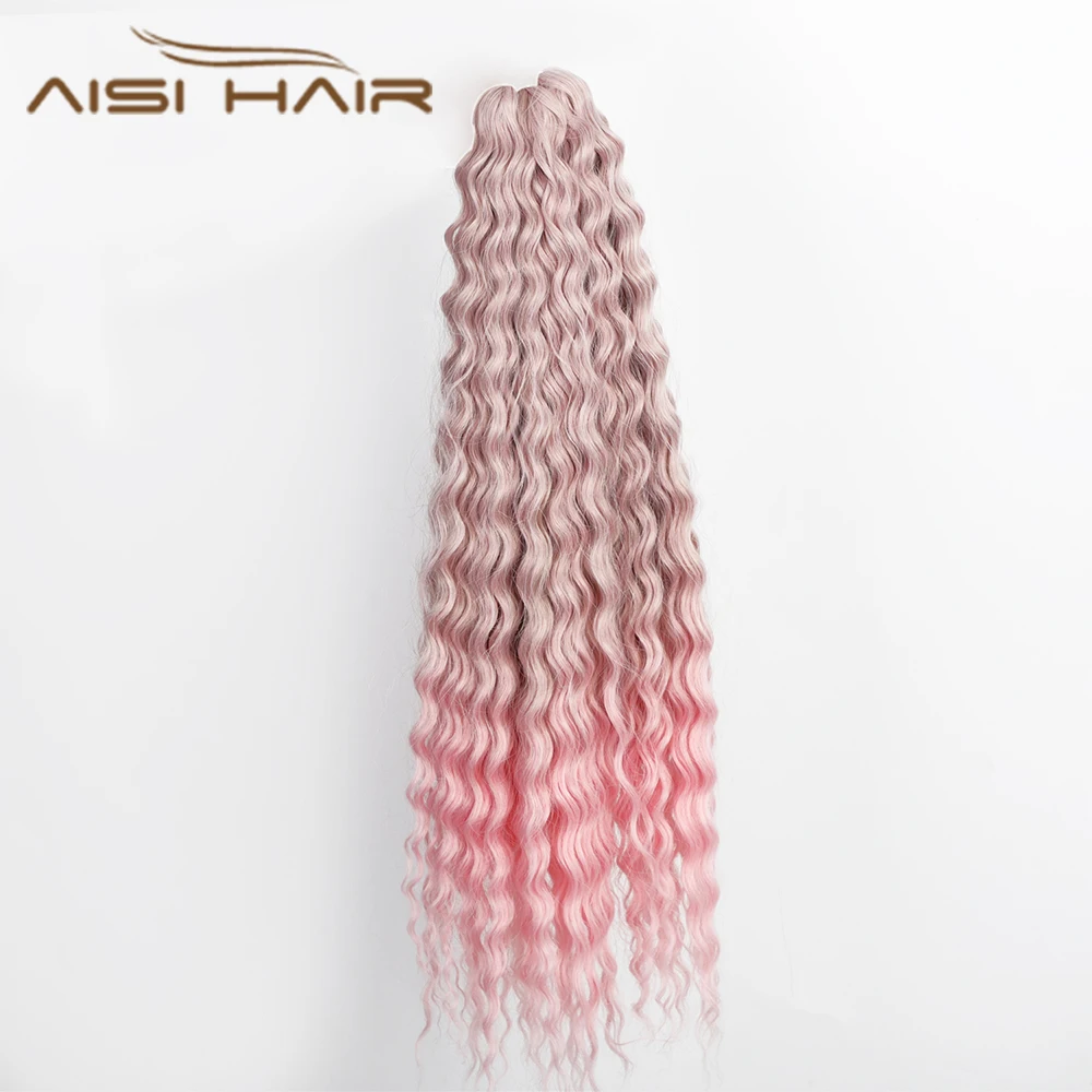 Aisi Water Wave Twist Synthetic Crochet Hair Braiding Hair Russia 22 Inches Synthetic Pink Deep Curly Ocean Wavy Hair Extension