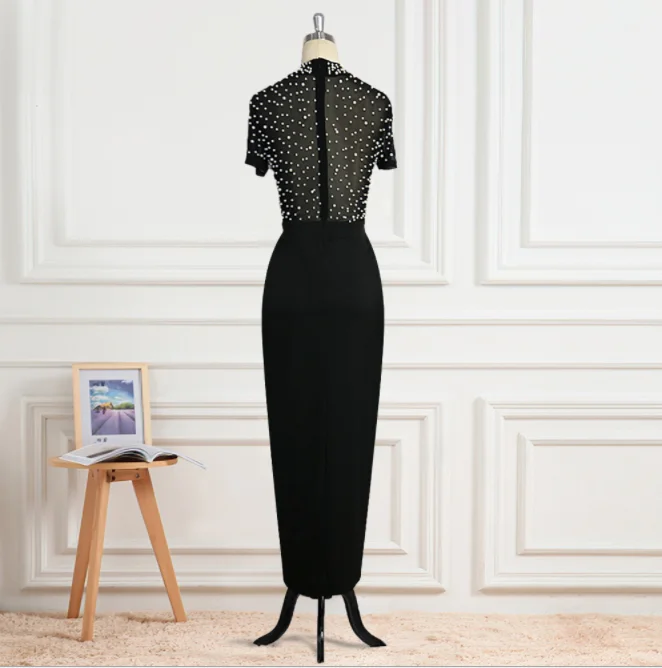 H & D Women Fashion Sexy Dress Open Hairpin Round Neck Tulle Beaded Short Sleeve Women Evening Party Dress