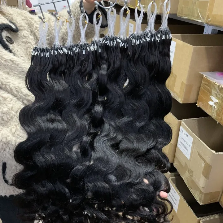 Raw Indian Body Wave micro loop human hair extensions natural wave loose curly micro loop ring hair extensions