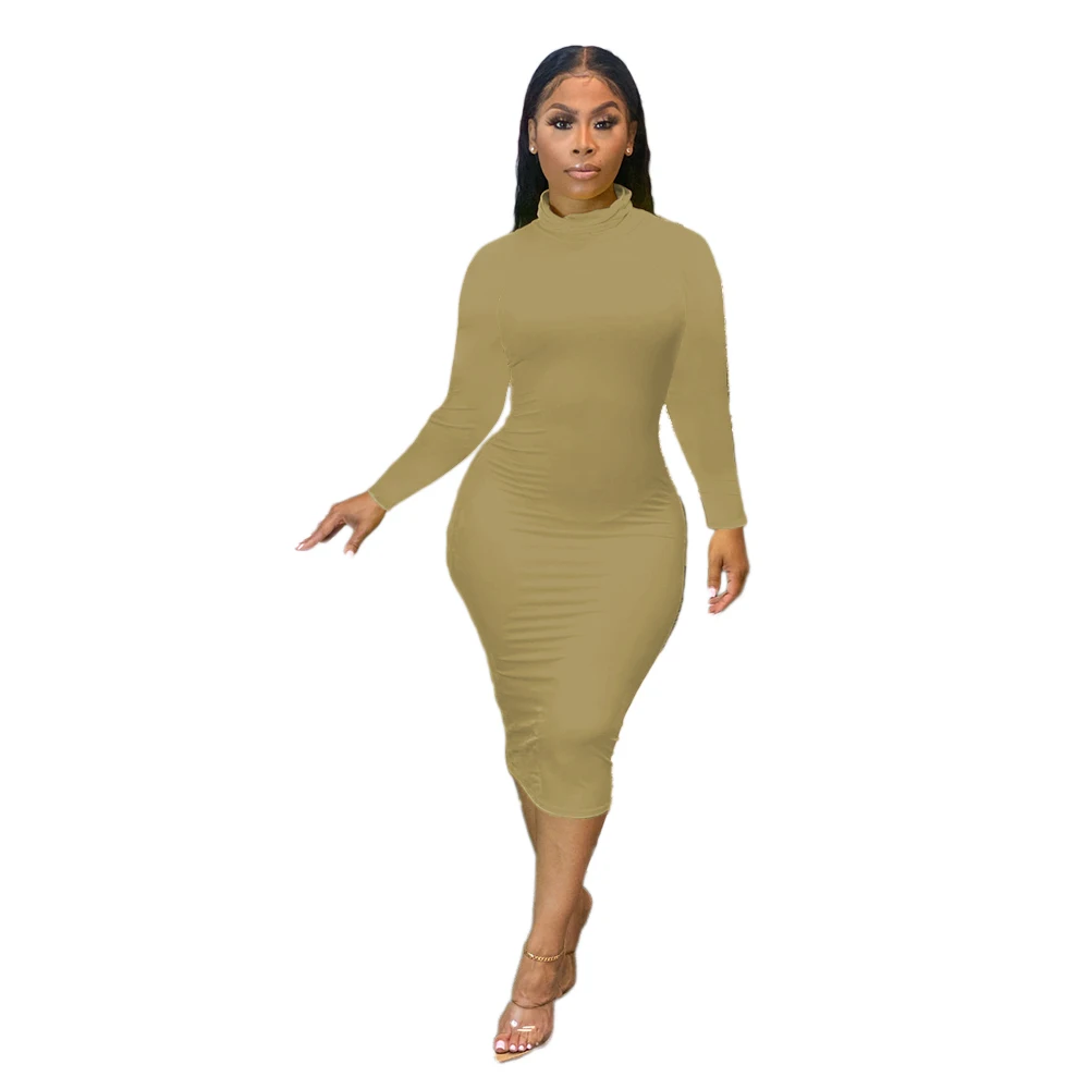 Sh7211 Simple Fashion Ladies Elegant Casual Dresses High Collar Solid Color Dresses Women Clothing