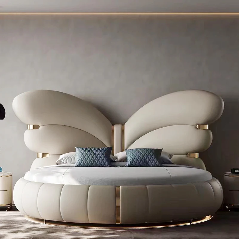 Modern King Queen Size Butterfly Upholstered Headboard Beds Princess Metal Bed Room Mattress Furniture Bedroom Set