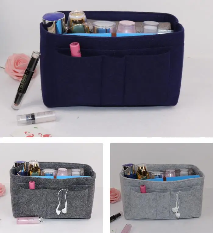 Custom felt makeup bags Women wool Felt Removable Handbag storage Organizer Insert Cosmetic Bag