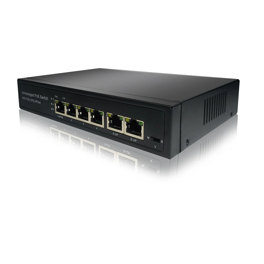  4 порта PoE + с 2 портами 100 Мбит/с Ethernet uplink 60 Вт 78 plug & play безвентиляторный настольный коммутатор