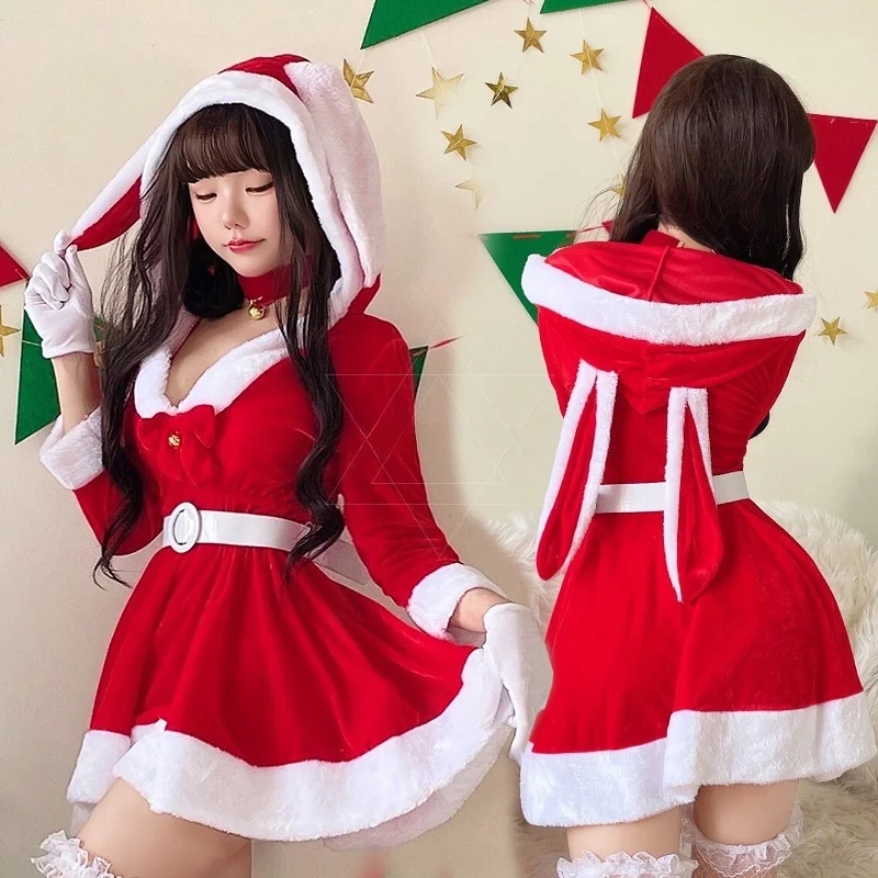 Santa Claus dresses up in Christmas clothes red cute bunny rabbit long sleeved dress