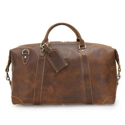 TIDING Custom High Quality Vintage Men Luxury Real Leather Weekend Travel Duffel Bag Large Big Genuine Leather Duffle Bag