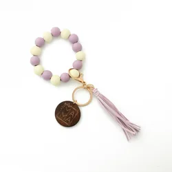 Silicon Beads Monogram Wood Blank Wooden Disc Bracelet Tassel Keychain Wristlet Gift for Her Key Ring
