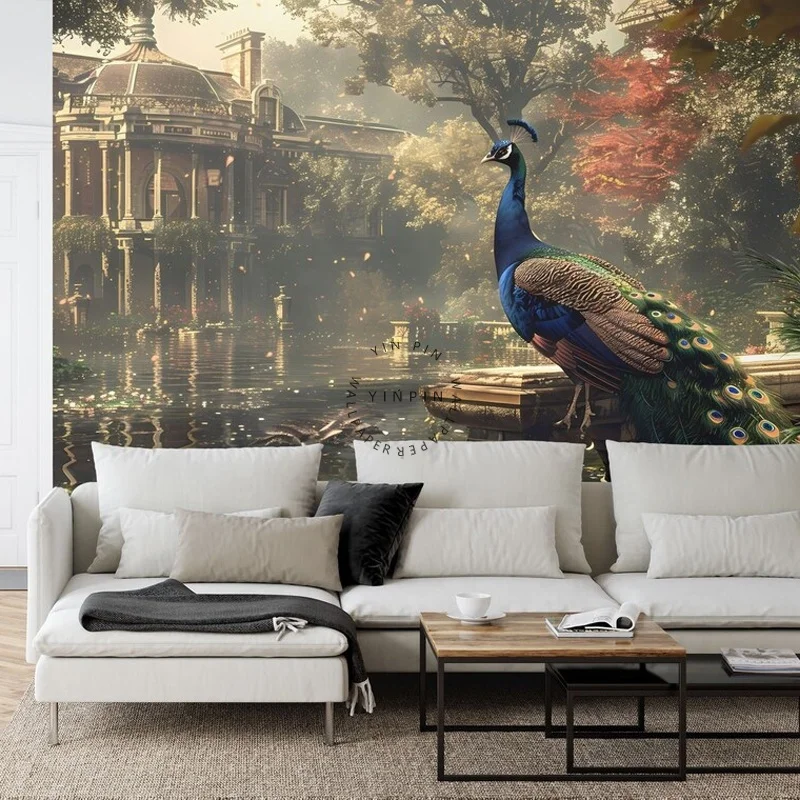 Retro chinese landscape peacock mural wallpaper home decoration