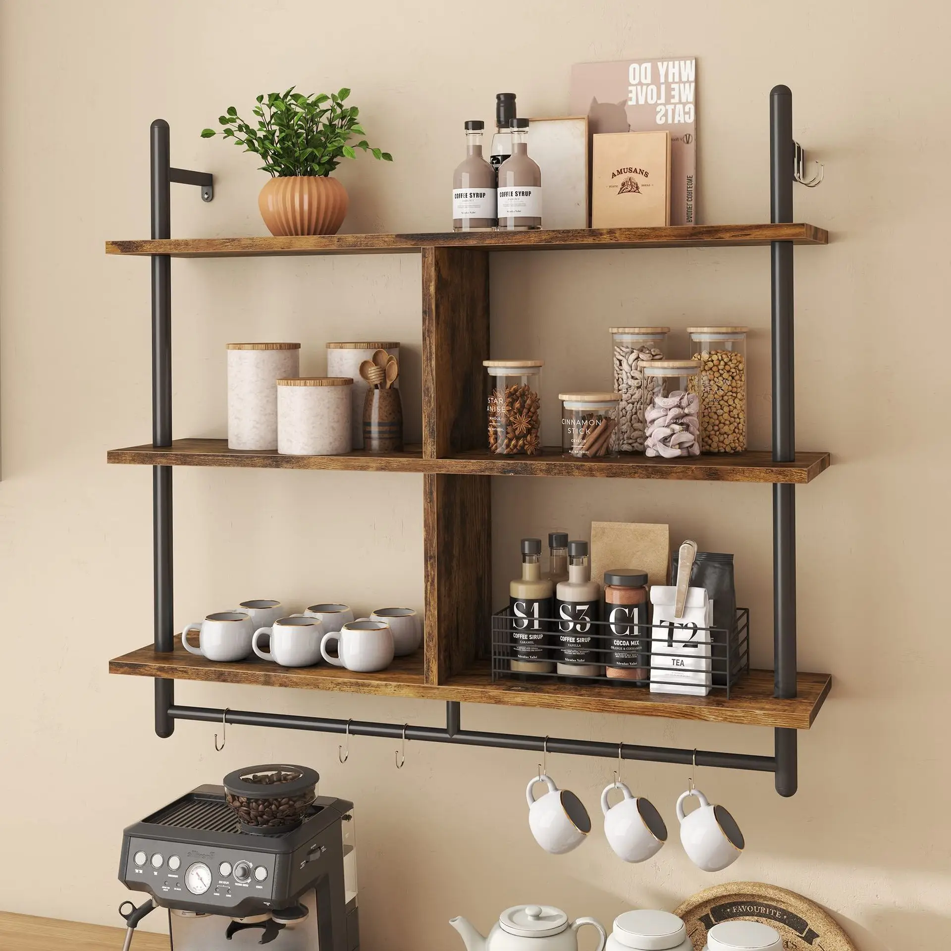 Retro industrial wind round pipe wall shelving multilayer solid wood study bookshelf bedroom wall hanging shelf layer shelf