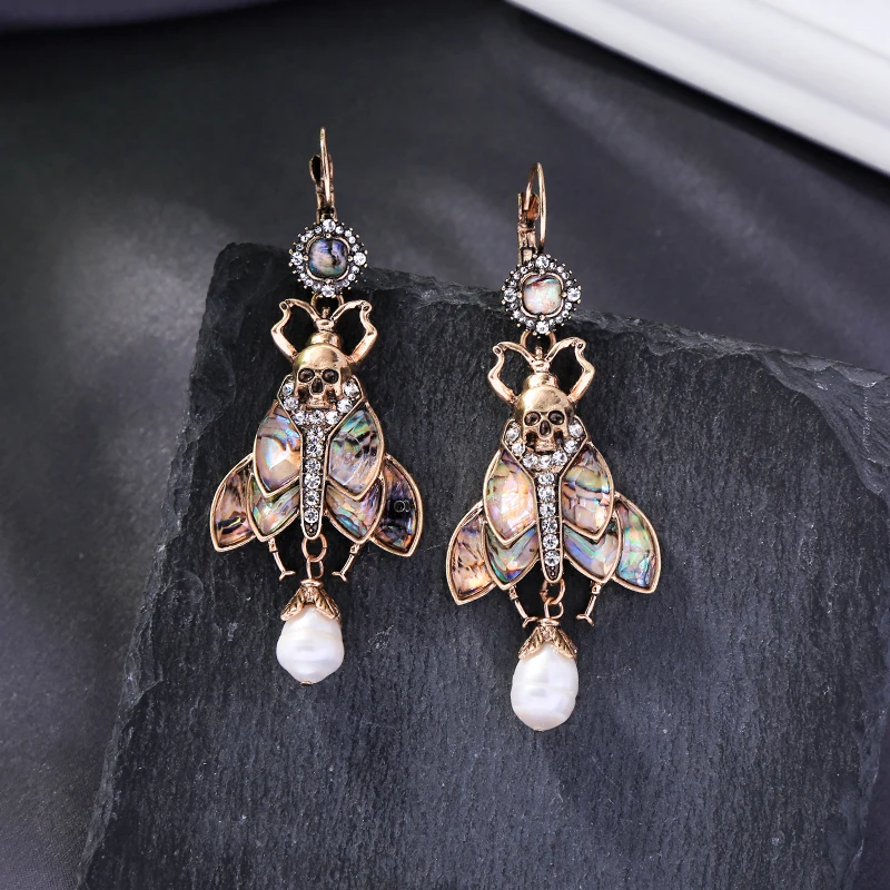 e9112308 Unique Design Long Vintage Gold Skull Fly Insect Colorful Wings Crystal Cultured Freshwater Pearl Charm Earrings
