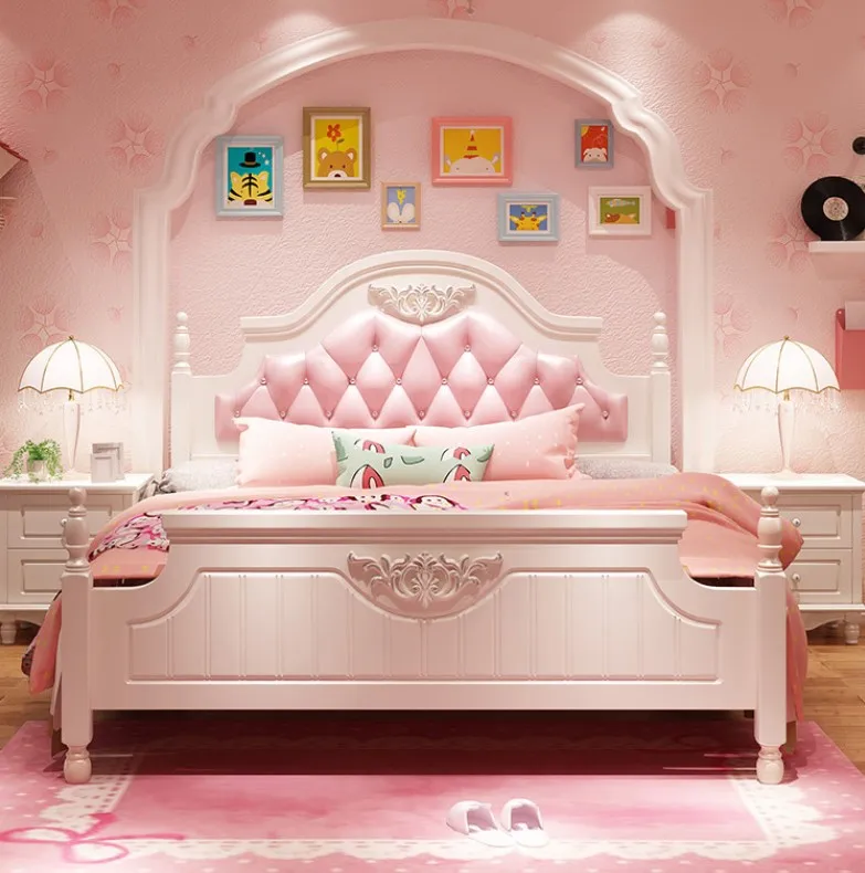 1.2M Simple Single Bed Korean European Luxury Kid Bedroom Set Royal Princess Pink Girl Bed
