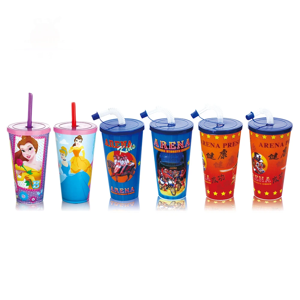 Low price 550ml cartoon snack reusable flower stackable branded 3d reusable kids drinking plastic cup with lids and straw