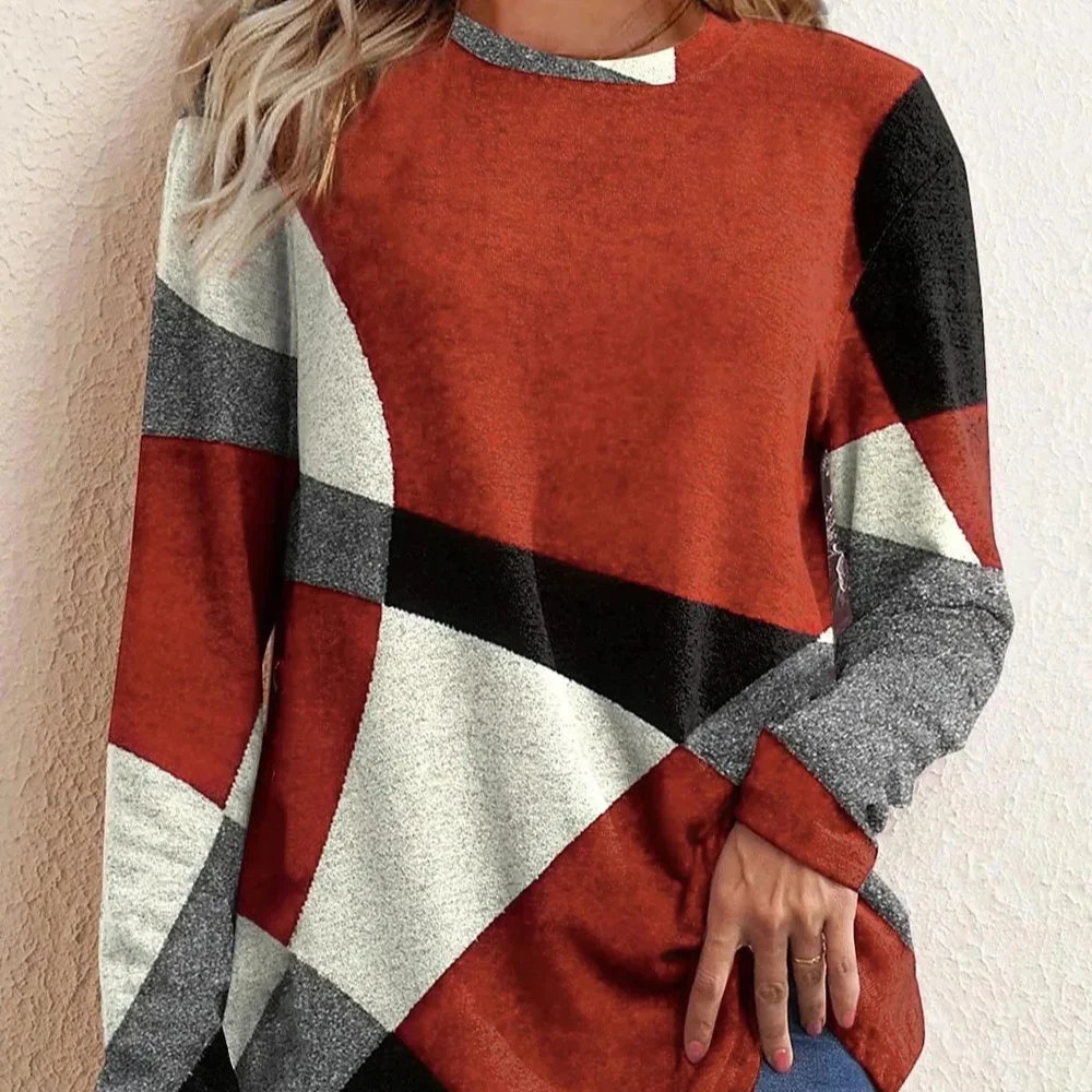 New Fashion Women Loose Color Matching Plus Size Long Sleeve O-neck Button Decor Casual Pullover Tops Blouse T-shirt