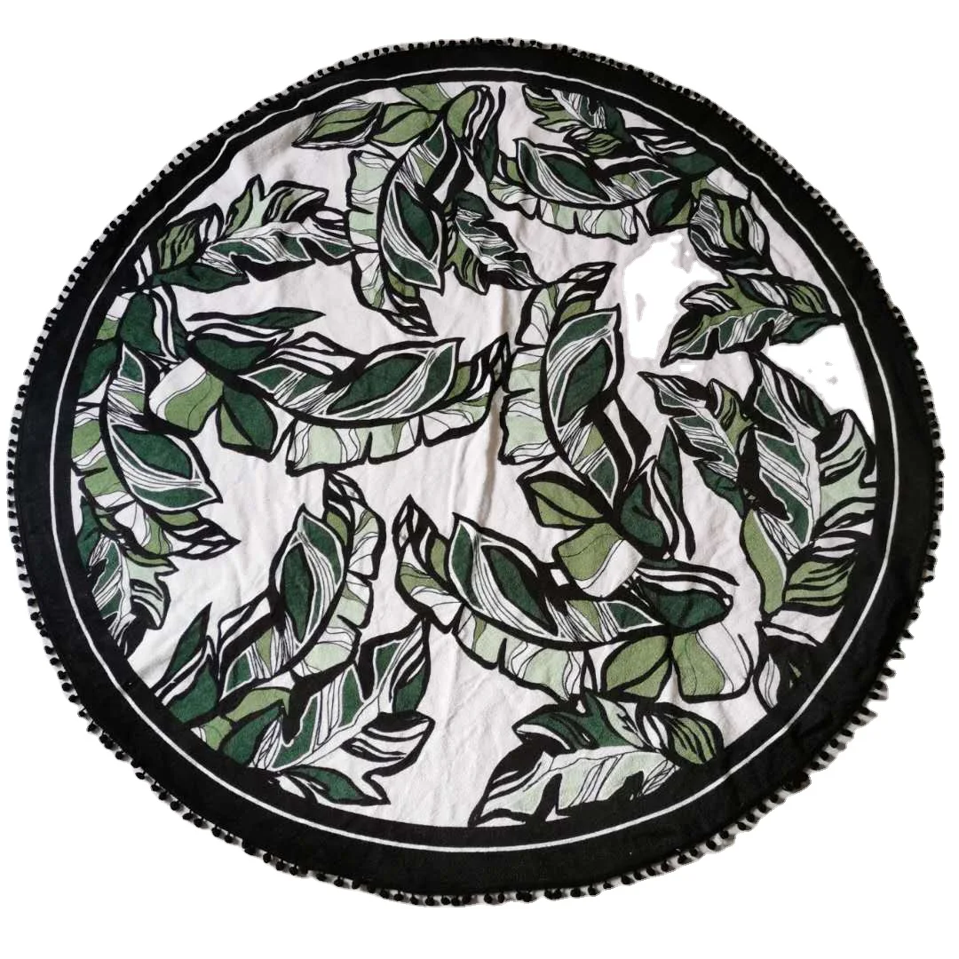 
Green Leaves Design Black Pompom Edges Cotton Print Round Beach Towel 