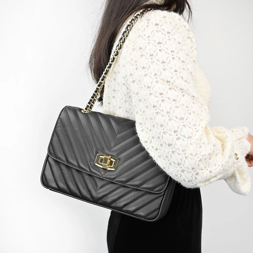 New Arrival Fashion Custom Ladies Female Genuine Cow Real Leather Black Quilted Women Sling Shoulder Bag for Girls