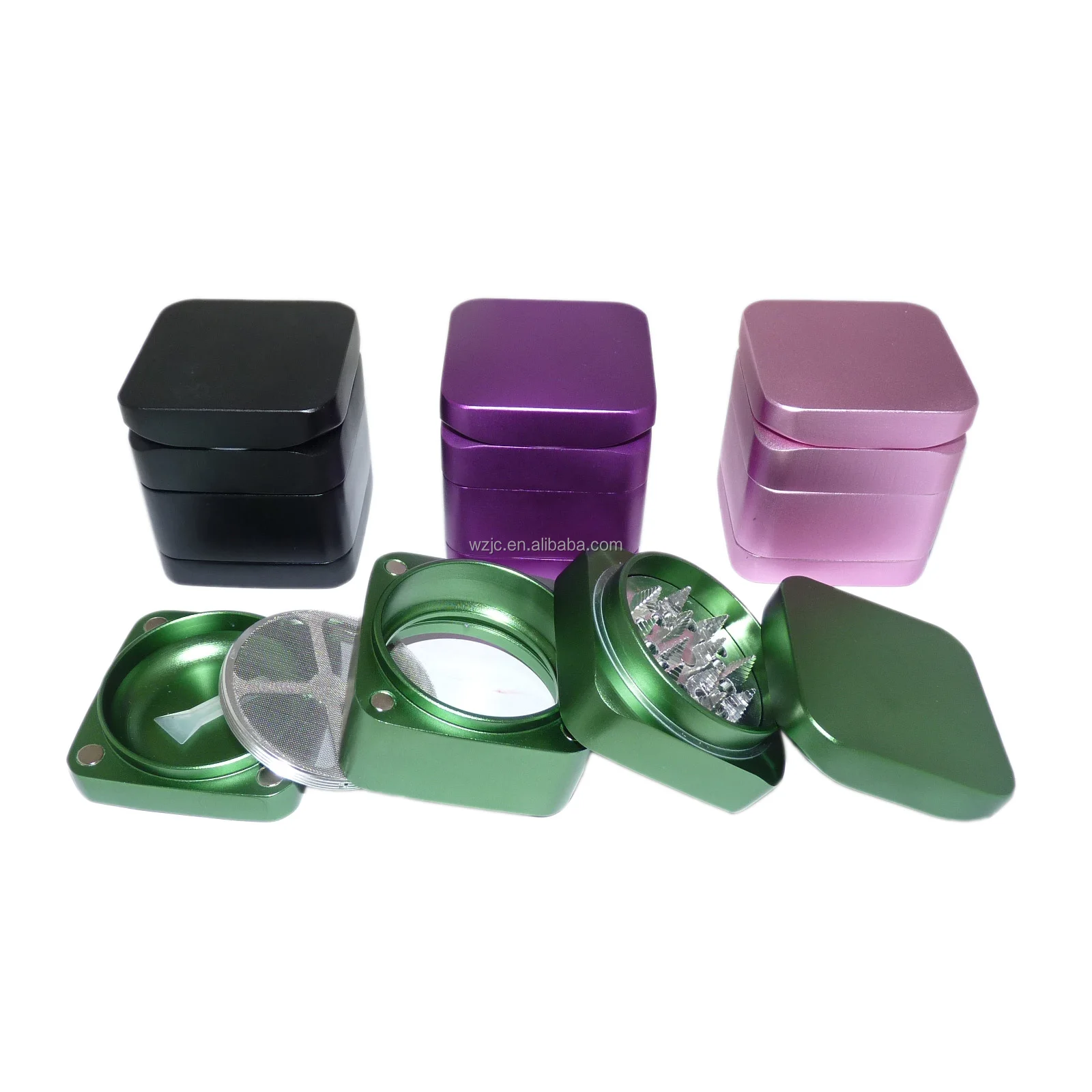 JC9035 Square shape 55mm 4part herb grinder high-quality magnet work herbal accessories grinder aluminum herbal grinder crusher