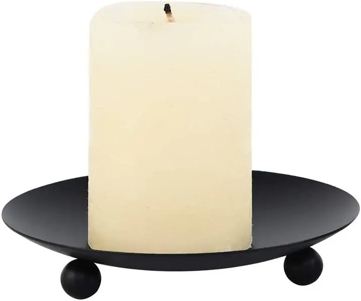 Black Iron Plate Candle Holder, Decorative Iron Pillar Candle Plate Set of 2 Pedestal Candle Stand for LED
