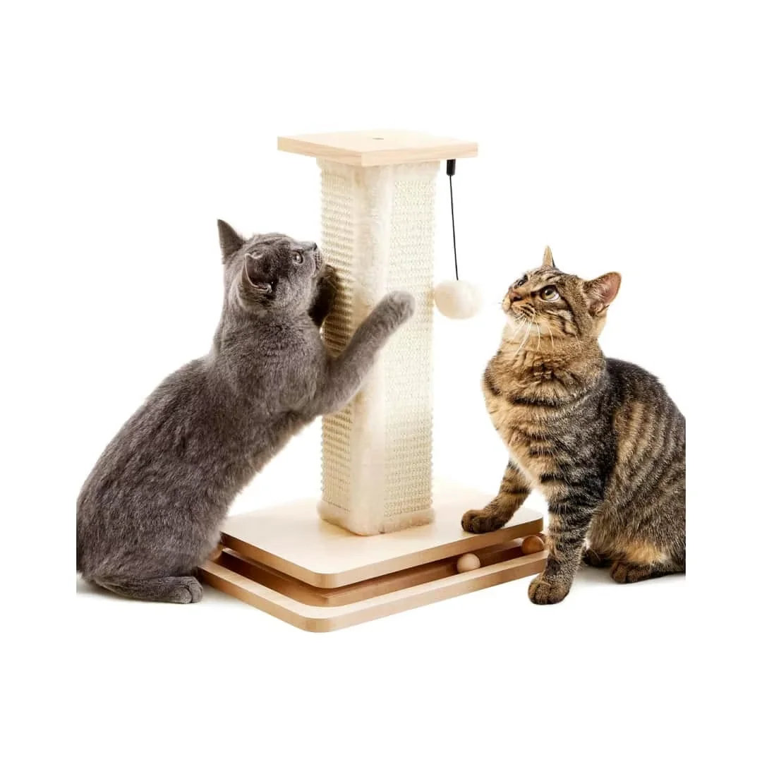Large Beige Square Cat Climbing Tower Natural Sisal Rope Interactive Trackball Toy Made of Durable MDF Perfect Cat Scratcher