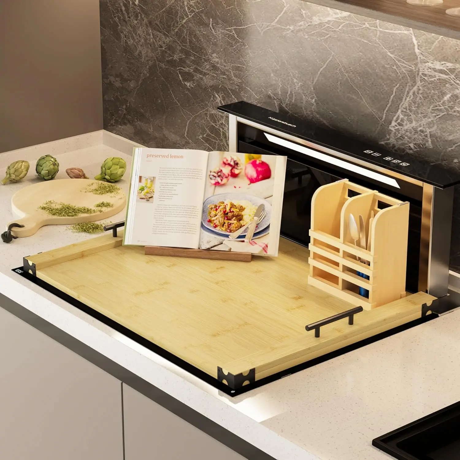 Large acacia bamboo raised noodle board stove cover for gas stove