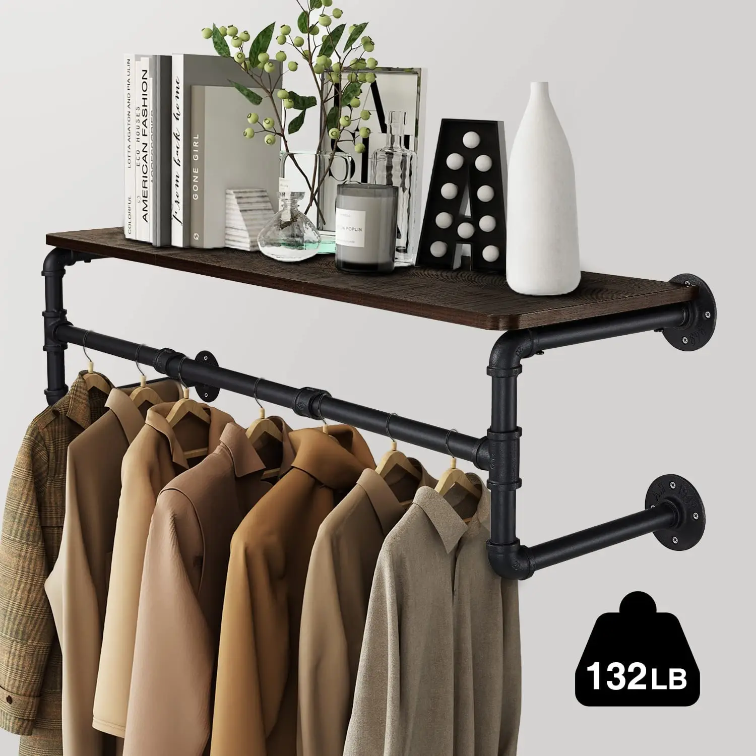 JH-Mech Heavy Duty Iron Garment Bar 41'L Wall Mounted Wooden Shelf Pipe Clothing Rack