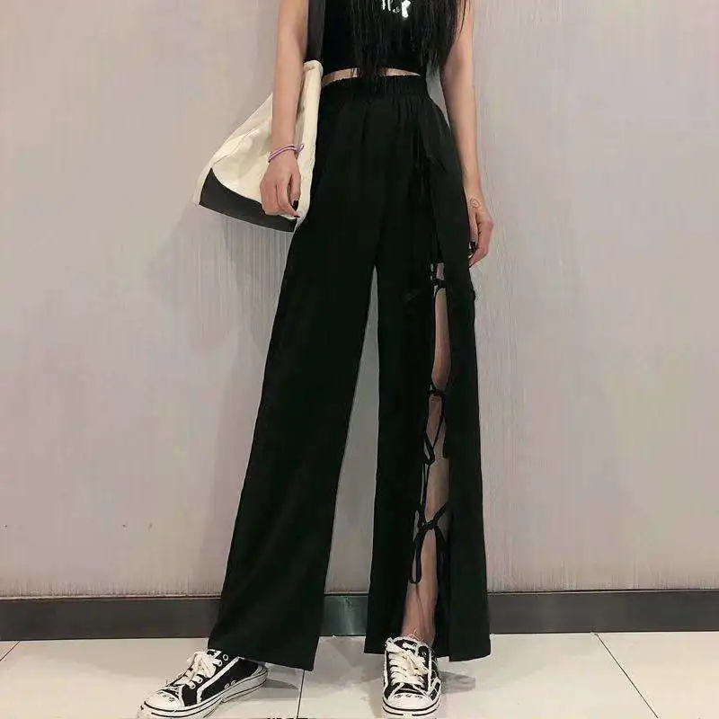 Pants Women Plus Size Split Chic Bow Bandage Korean Style Solid Wide Leg High Waist New Arrival Summer Womens Vintage Streetwear