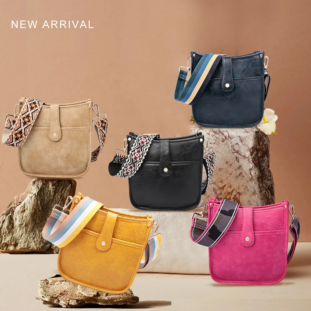 2022 vegan leather womens messenger bag custom vintage PU leather ladies crossbody bag with wide guitar straps