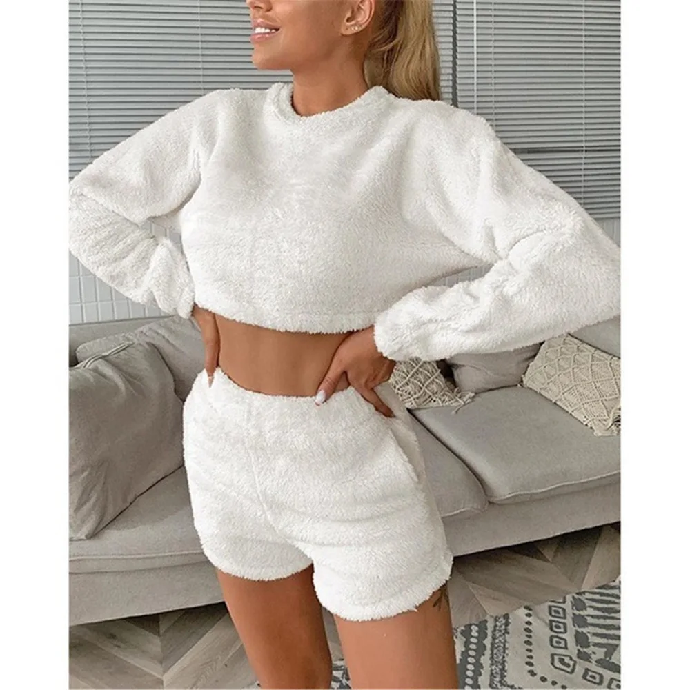 Free shipping Hot selling High waist long sleeve shorts rest home leisure coral velvet suit Pajamas shorts set