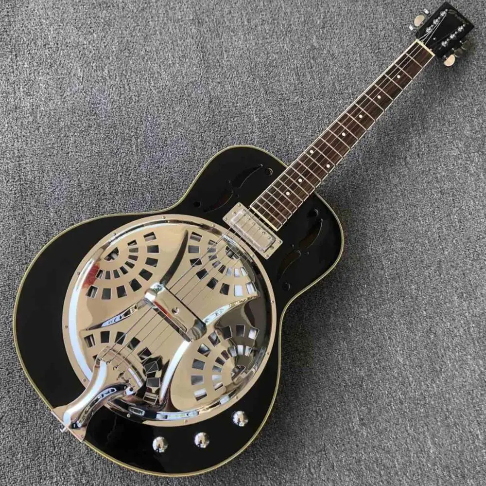 Grand Black Maple Hollow body Electric Guitar Metal top Mini Humbucker Resonator Steel guitar Free shipping