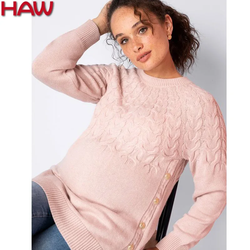
High Quality Maternity Long Sleeves With Buttons On Outseam For Pregnant Woman Cable Pullover Nurse Sweater 
