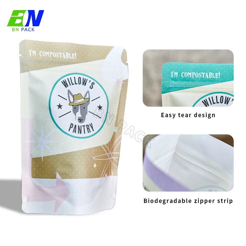 Custom printing 100% biodegradable compostable stand up kraft paper food packaging zipper bag