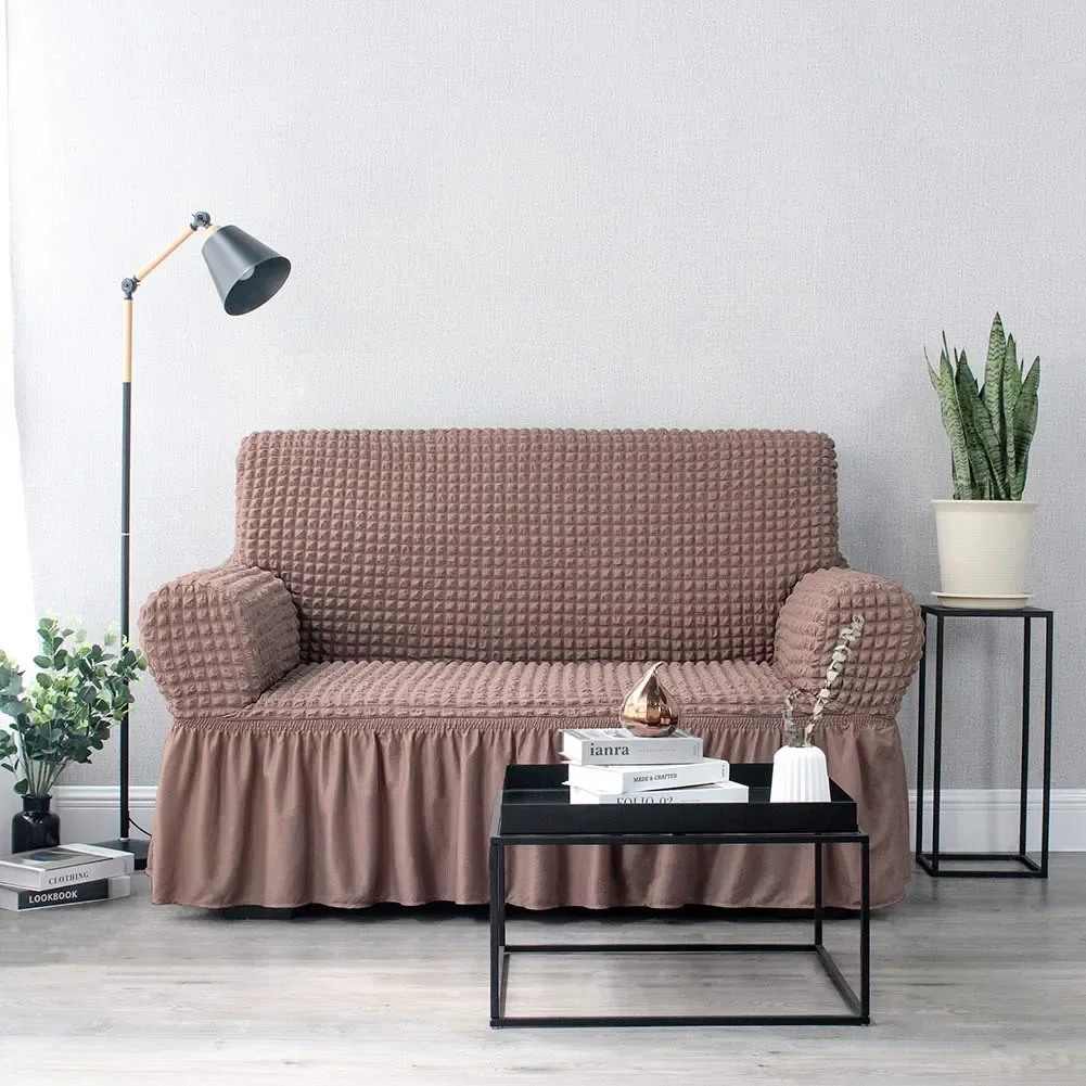 Wholesale Elastic Spandex Jacquard Solid Seersucker Sofa Cover Slipcover with Skirt