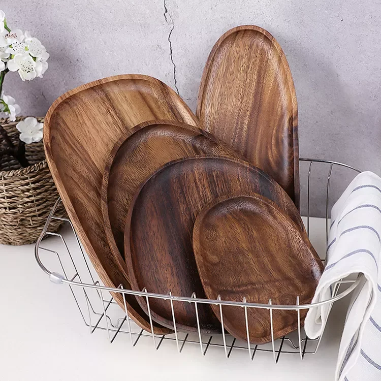 Hot selling wholesale North American  oval wooden Acacia Walnut Ebony wood dinner plate wooden fruit plate with customization
