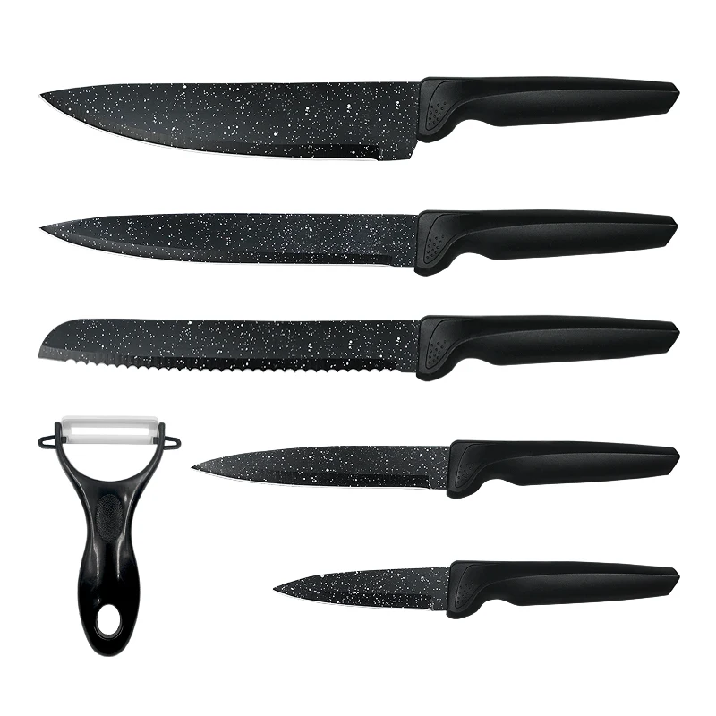 Hot Selling Product 6 PCS Kitchen Knife Set PP Handle Black non-stick Coating Blade Knife With Gift Box Packing