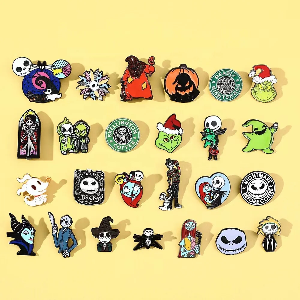 Wholesale Cartoon Halloween Pumpkin Brooch Pin The Nightmare Before Christmas Jack Sally Christmas Funny Badge
