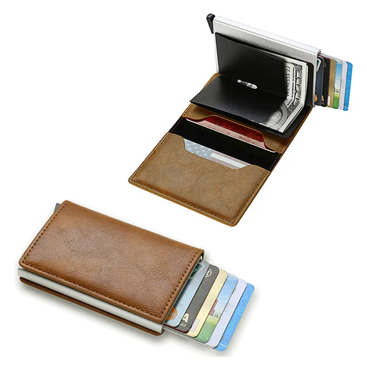 Custom Logo Rfid Blocking Aluminum Metal Men Wallet Pop Up Carbon Fiber Slim Minimalist Credit Card Holder With Money Clip Box