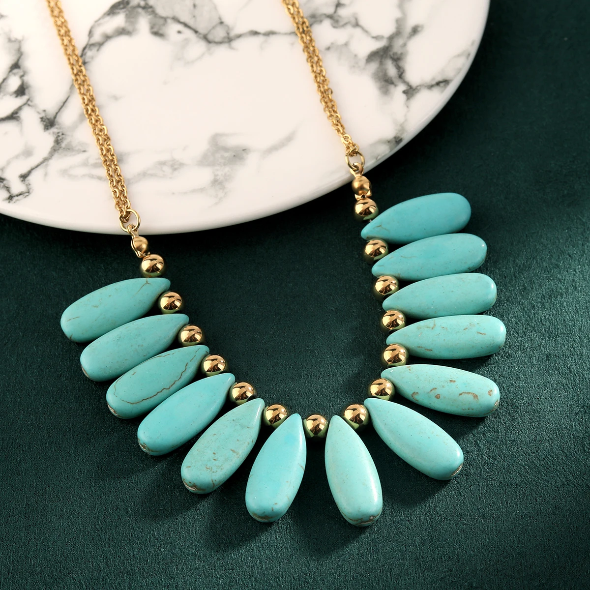 Fashion 18K gold-plated double-layer chain turquoise necklace classic teardrop shape bead pendant bohemian statement necklaces