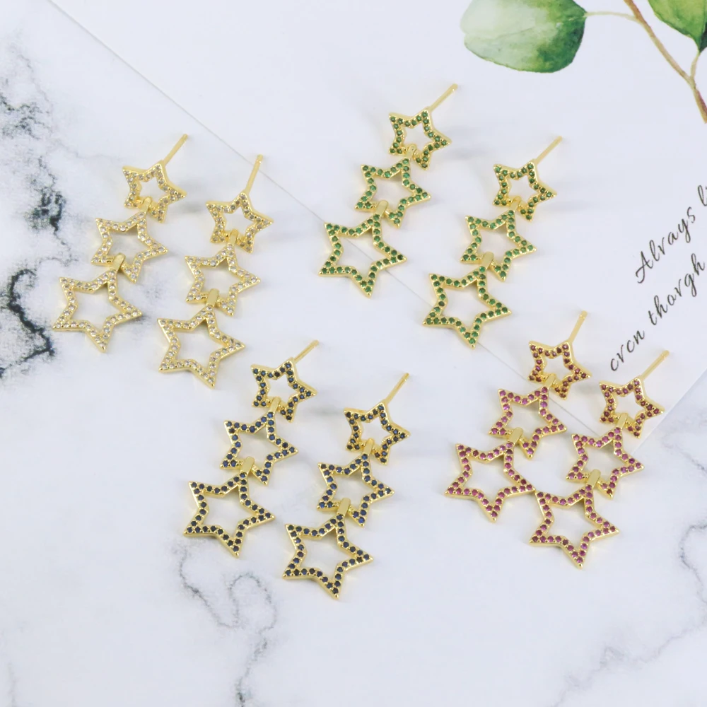 High quality gold plated brass zircon stars hoop earrings,luxury jewelry beautiful earring designs for women