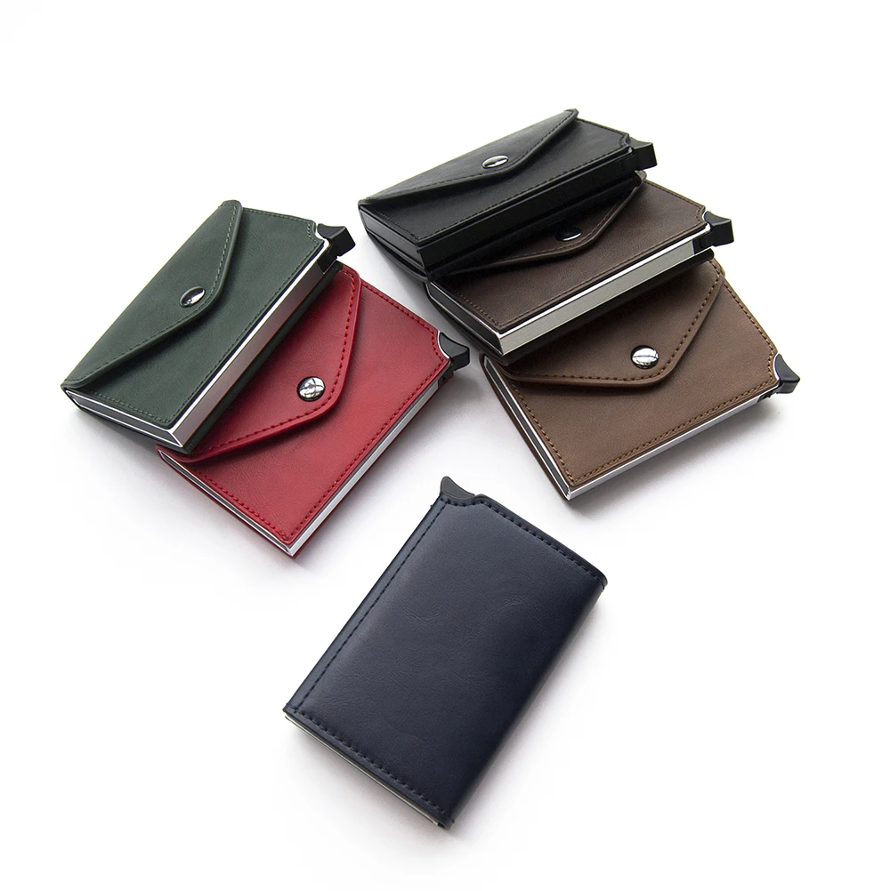 RFID Blocking Crazy Horse Leather  Button Pop Up Slim Aluminum Case Business Bank ID Credit Card Holder