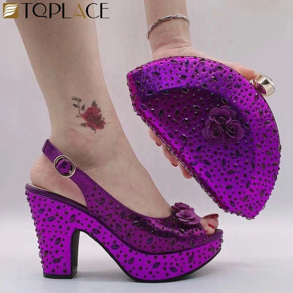 Purple Color  Shoes with Matching Bags High Quality African Shoe and Bag Set For Party In Women Nigerian Shoes and Bag Set