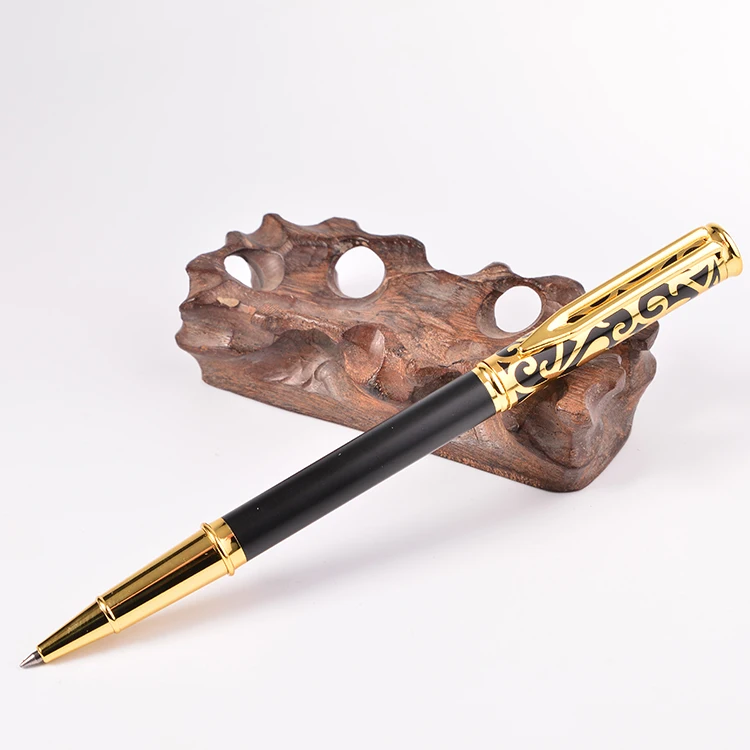 Classical Gold Pattern Metal Roller Pen High Quality Luxury Matte Black Gel Pen Custom Advertising Business Hotel Gift Pen