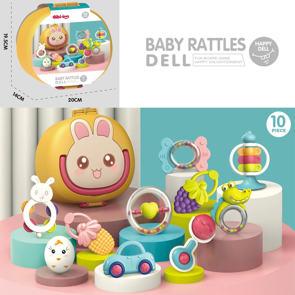 10pcs Food Grade Baby Toy Set Soft Baby Teethers Handbell Baby Rattles Washable Chewable Sensory Activity Toy